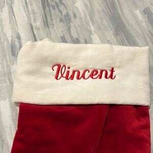 Pottery Barn Christmas Stocking. Red/white velvet embroidered “Vincent”